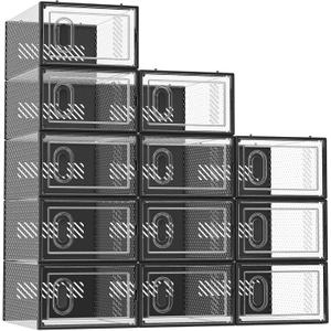 Shoe Storage, 12 Pack Shoe Organizer for Closet, Shoe Boxes Clear Plastic Stackable Shoe Containers with Lids for Size 10, Black