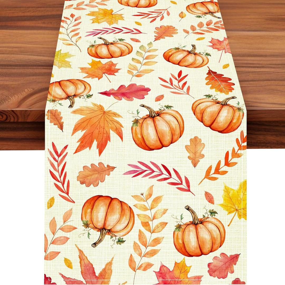 2 x ACZHHZC Pumpkin Fall Table Runner, Maple Leaf Autumn Thanksgiving Kitchen Dining Table Decorations for Home Party Decor (Orange 2, 13x72 Inches)