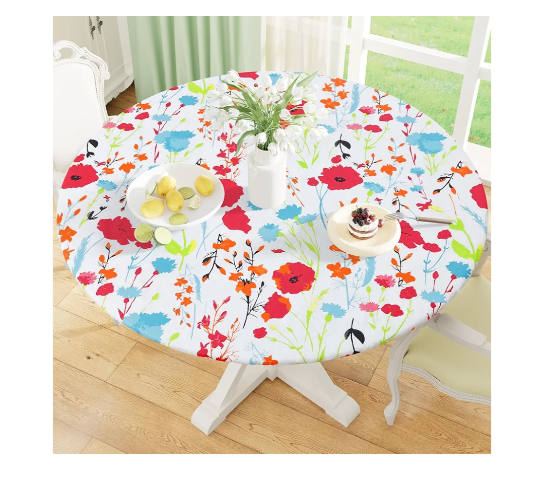 Round Fitted Tablecloth with Elastic Edge, 100% Waterproof Oil Proof Plastic Table Cover, Vinyl Flannel Backed Tablecloth Fits 36"-44" Round Tables for Dinner, Outdoor, Picnic, Flowers, Off White