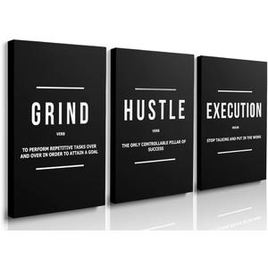 GUBIYU Black and White Motivational Paintings Wall Decor for Living Room Grind Hustle Execution Canvas Wall Art Inspirational Posters Large Gym Office Artwork for Men Guys Bedroom Room Decor 16"x24", 16X24inch *3pcs