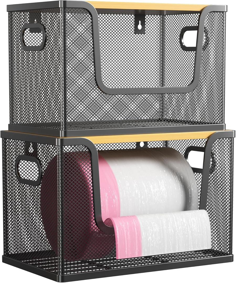 Orapoke 2 Pack Trash Bag Holder with Bamboo Cover, Metal Garbage Bag Dispenser for Kitchen Organization and Storage, Stackable Trash Bags Dispenser Under Sink Organizer Fit 13/30 Gallon Roll, Black