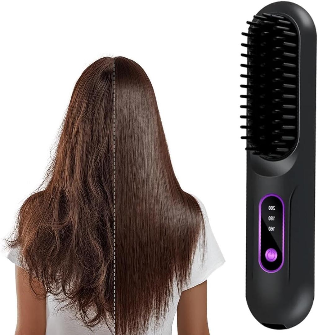 Go Brush Pro, 2026 New Hair Straightener Brush, Portable Straightener Brushes for Travel with LCD Temperature Display, Fast Heating Mini Hair Brush for Women (Black)