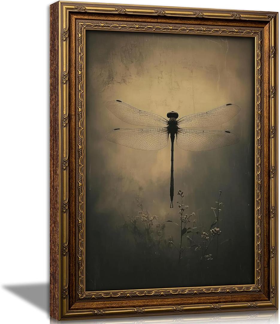 Vintage Gold Framed Wall Art Retro Dark Dragonfly Painting Canvas Prints Gothic Insect Picture Wall Decor Rustic Farmhouse Animal Poster Artwork for Living Room Bedroom Bathroom, 16x24in