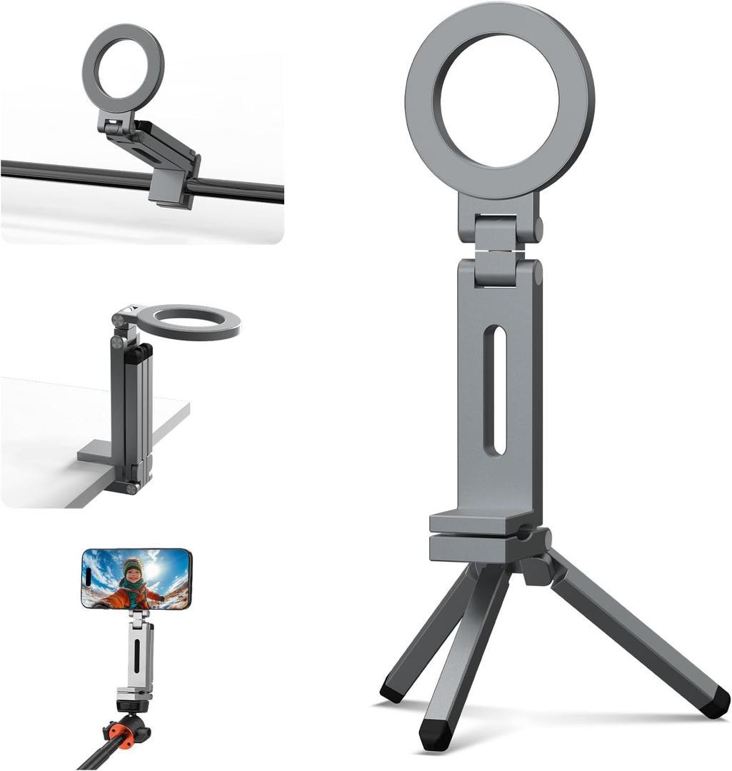 Magnetic Tripod for iPhone, Airplane Phone Holder for MagSafe Selfie Stick Adapter Travel Foldable Clip Clamp Plane Desktop Stand for iPhone 17 16 15 14 13 12 Pro Max Mini Accessories