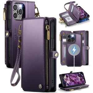 Defencase for iPhone 15 Pro Max Magnetic Wallet Case Compatible with Magsafe with RFID Blocking Zipper Strap Card Holder for Women Men, PU Leather Detachable Case for iPhone 15 Pro Max (6.7"), Purple