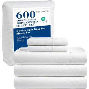 LANE LINEN 600 Thread Count 100% Cotton Split King Sheets Set for Adjustable Beds, 15" Deep Pocket Soft & Comfy Sustainably Produced Split King Sheet, Naturally Cooling Cotton Sheets -White
