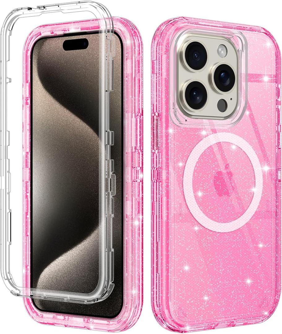 I-HONVA for iPhone 15 Pro Case Clear [Non Yellowing] [Compatible with MagSafe] Shockproof 3-Layer Full Body Protection Rugged Heavy Duty Cover Case for Apple iPhone 15 Pro 6.1",Clear Pink Glitter
