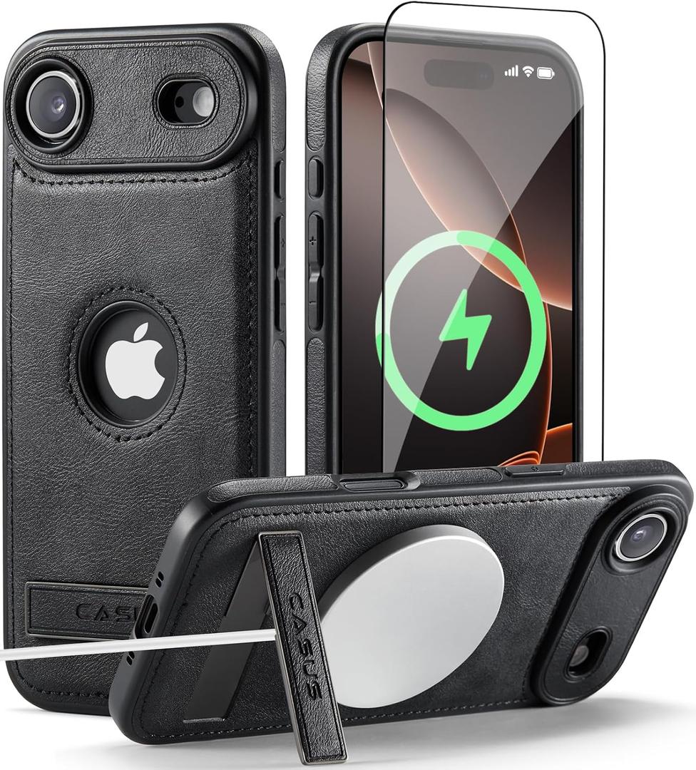 Casus Designed for iPhone Air Case Compatible with MagSafe Kickstand Vegan Leather Classic Luxury Elegant Thin Protective Cover with Tempered Glass Screen (2025) 6.5" - Black