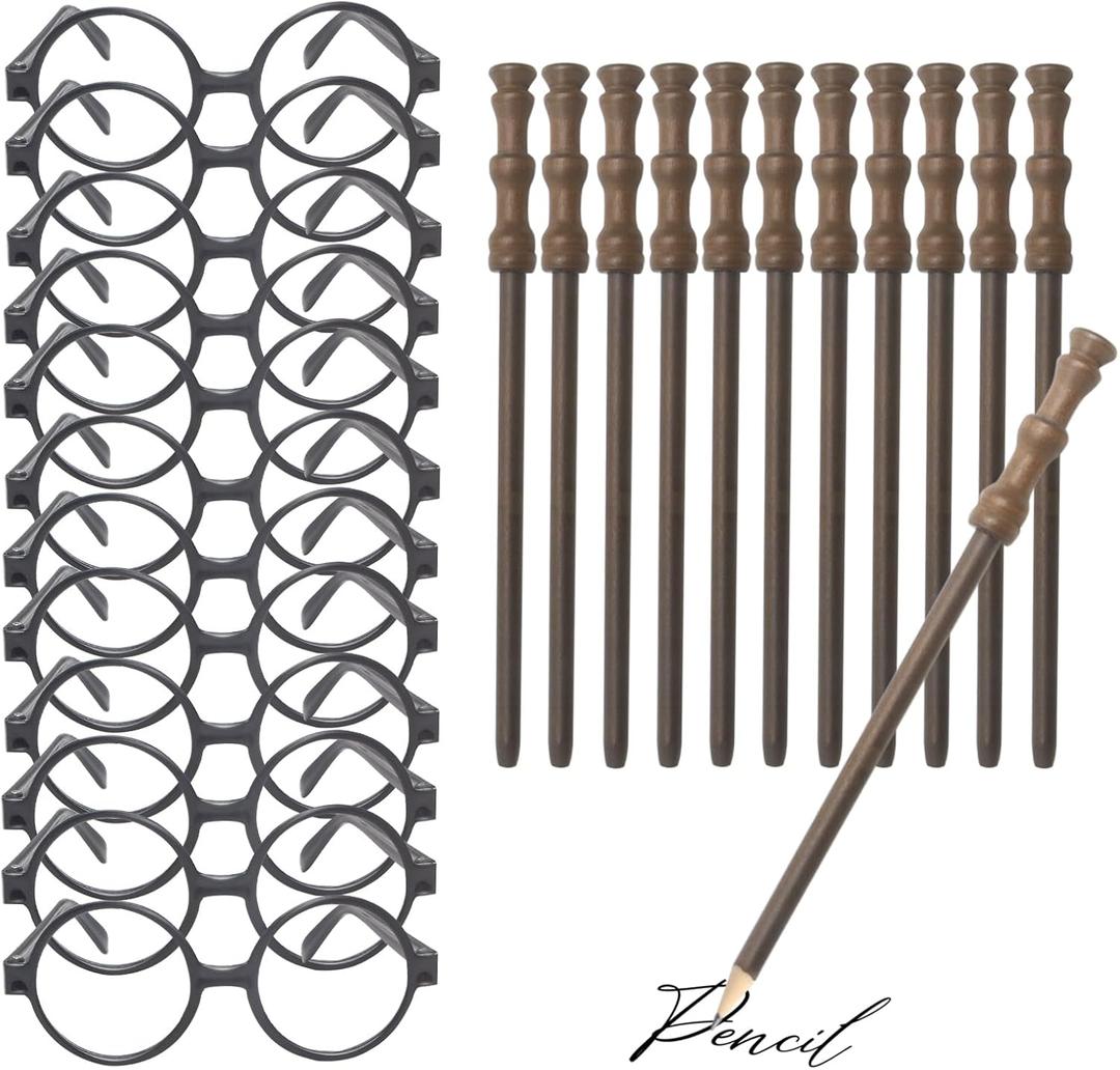 Wizard Theme Party Favors - Wand Pencils, Wizard Glasses with Round Frame No Lenses for Kid Student Magic Birthday Gift, School Party Supplies ,Halloween Decor,12pcs each