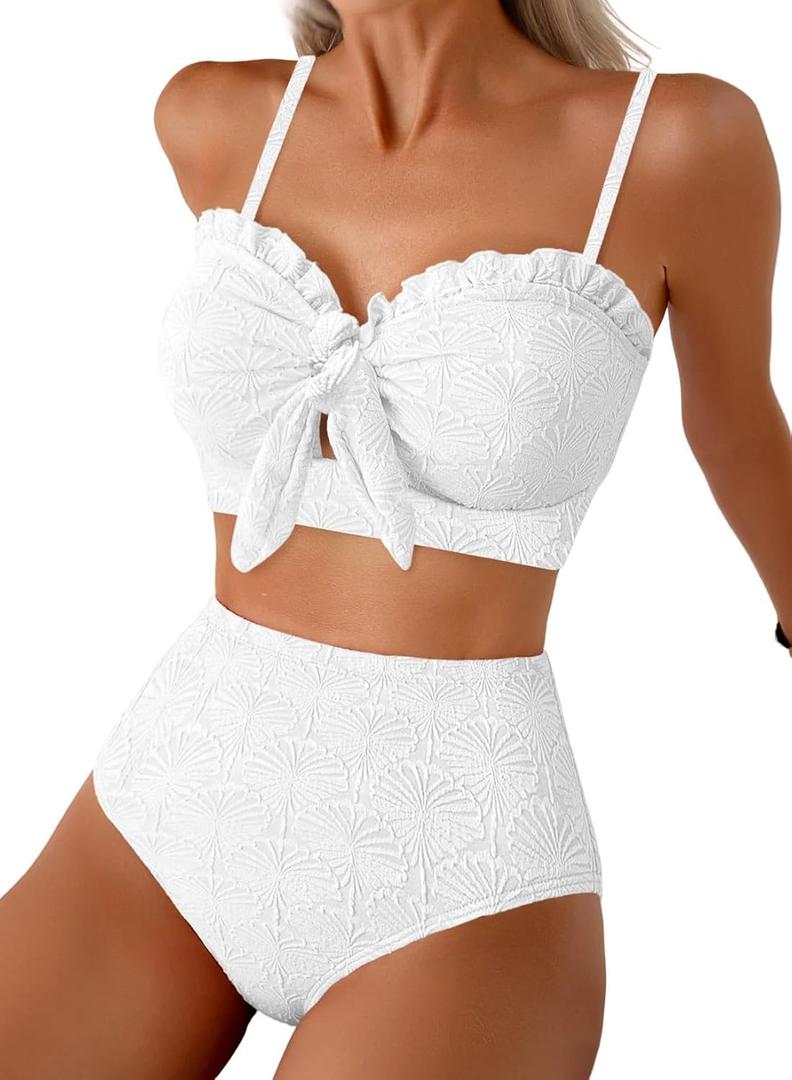 Herseas Women's Seashell Textured Bikini Sets Knotted Front 2 Piece Swimsuits Ruffle Trim Bathing Suits (Medium, White)