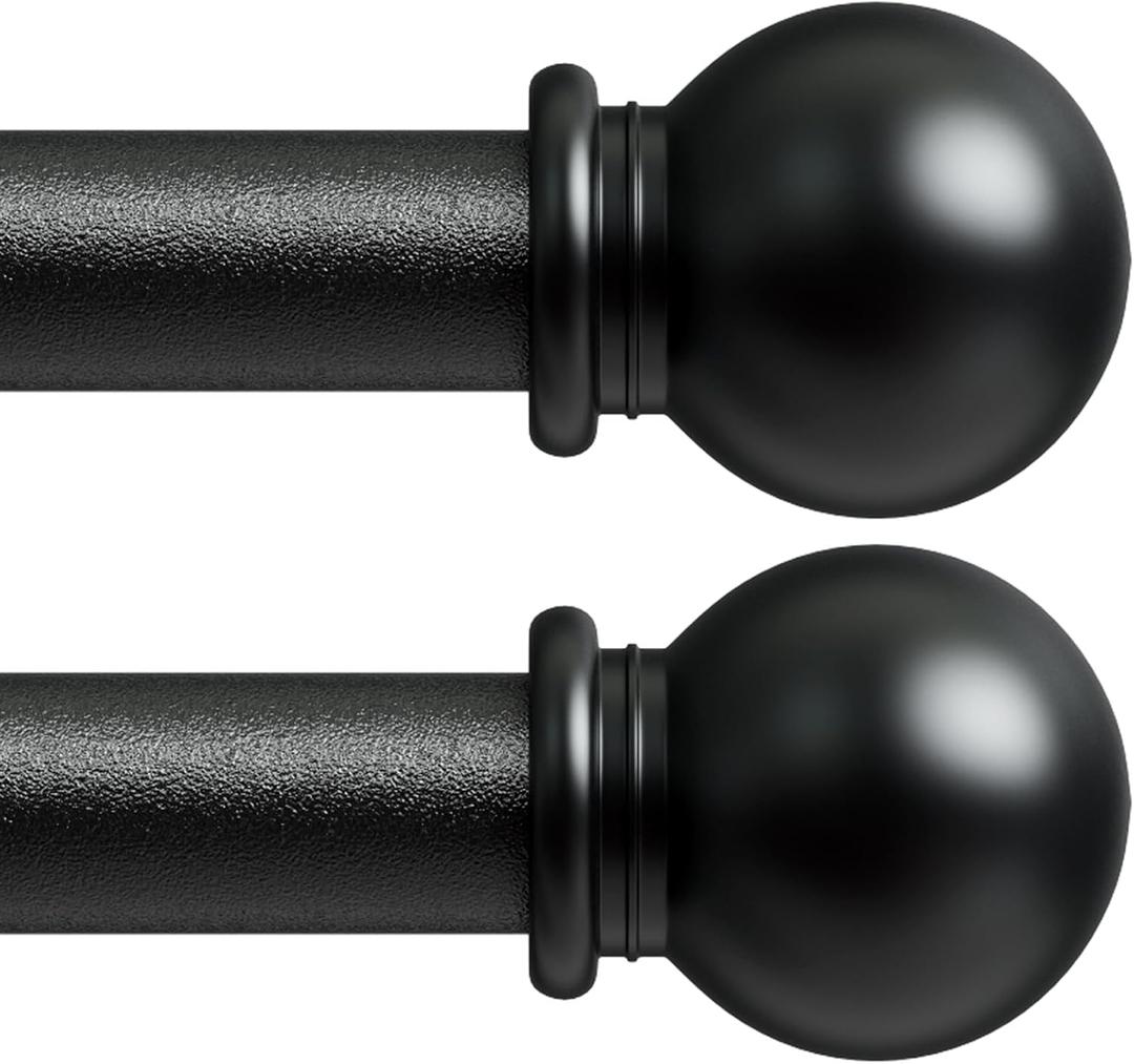 Curtain Rods for Windows 48-84 inch, Black Curtain Rods 2 Pack with Brackets, Adjustable 5/8 inch Drapery Rod Set of 2 with Decorative Finials for Bedroom, Living Room