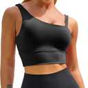 MELYUM Longline Sports Bras for Women One Shoulder Workout Tank Tops with Built in Bra Supportive Crop Yoga Top Padded (X-Large, Black)