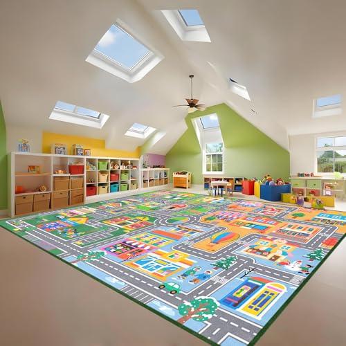 IWRJFQWR Car Rug Play Mat 9x12 Feet, Kids Rugs for Bedroom Educational Traffic Road Carpet for Kids Decorate Nursery Toddler Classroom Preschool Living Room Playroom