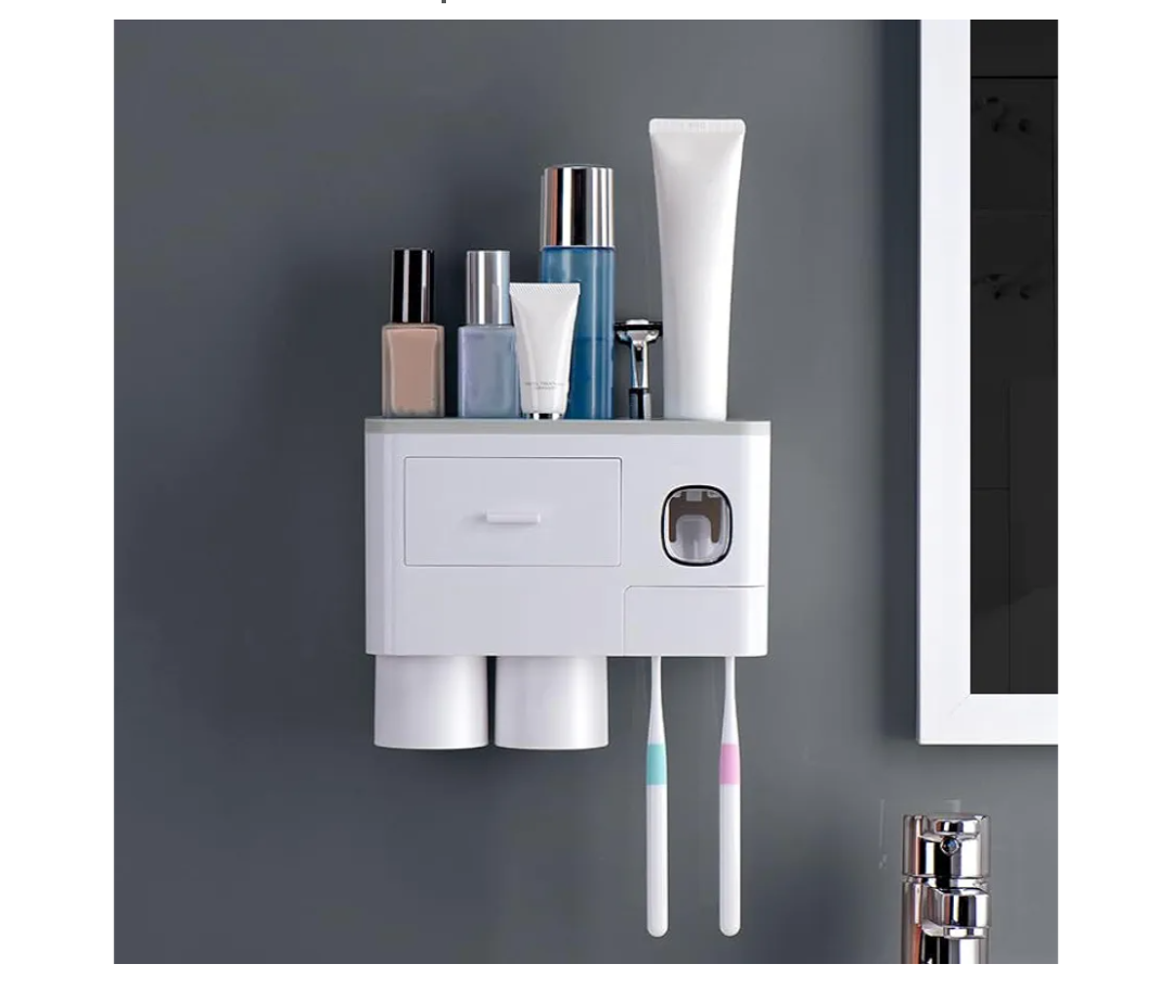 Wall-Mounted Toothbrush Storage Rack with Toothpaste Dispenser Gray Bathroom Organizer for Toothbrushes & Cups