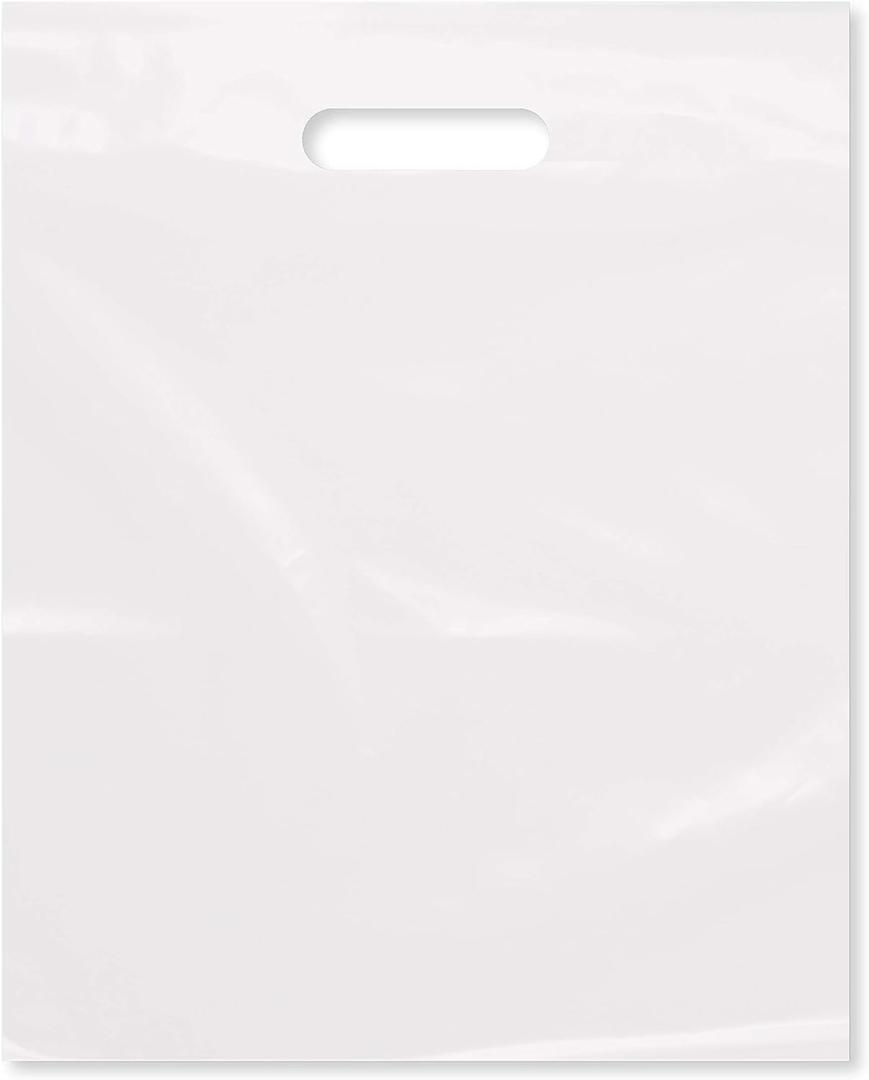 Purple Q Crafts Plastic Bag With Die Cut Handle Bag 12" x 15" White Plastic Merchandise Bags 100 Pack for Retail, Gifts, Trade Show and More