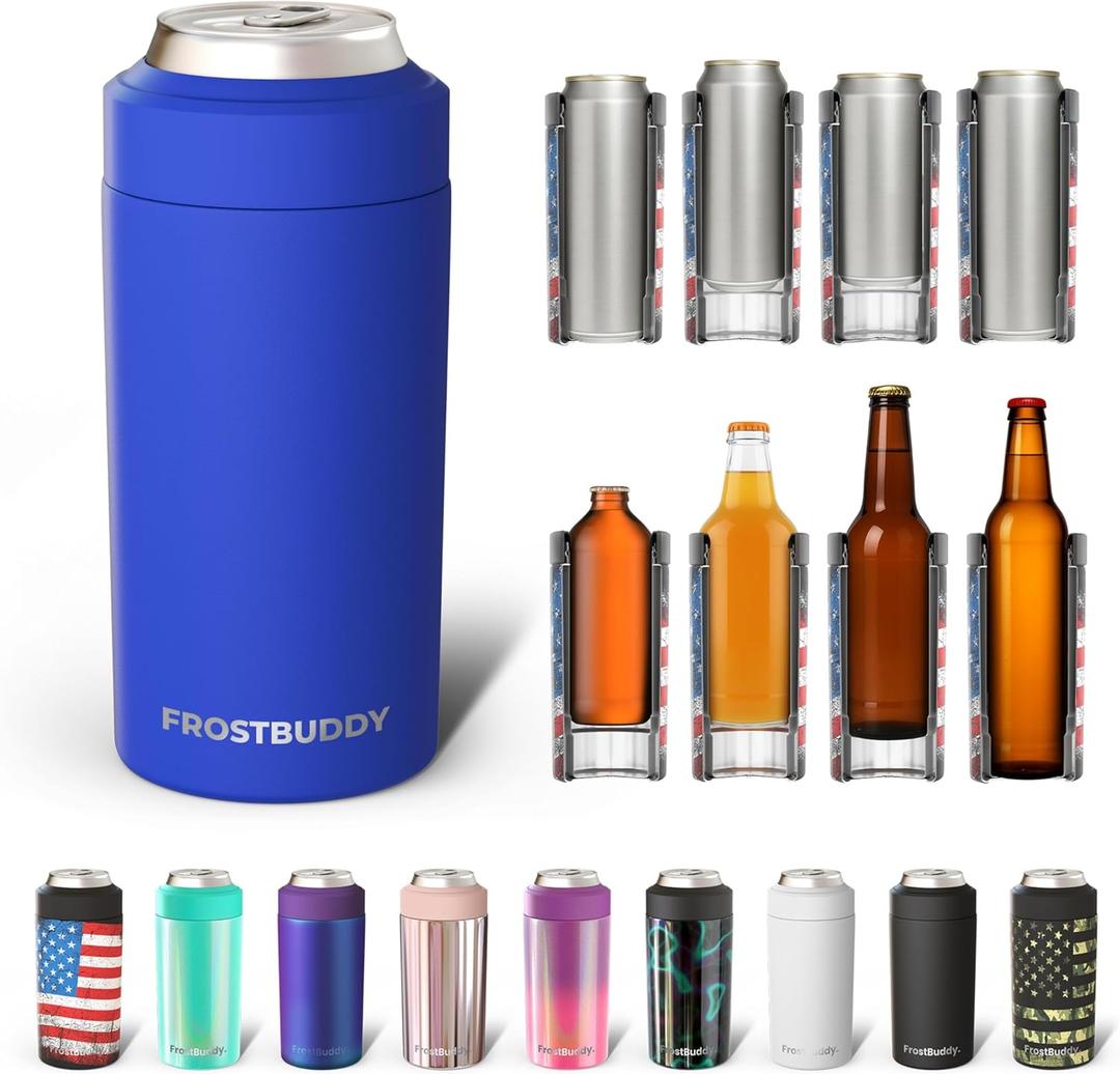 Frost Buddy Universal Can Cooler - Fits All - For Regular 12 & 16 oz or Slim-Size Bottles - Insulated Double-Walled Stainless Steel (Royal)