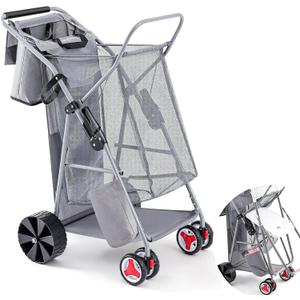 DoubleFill Beach Cart with Big Wheels for Sand, Foldable Beach Wagon Buggy with Surfboard Holder, Removable Tote and Aluminum Frame, Wide Wheel for Chairs, Cooler, Camping, Picnic Outdoor(Grey)