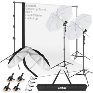 EMART 8.5x10ft Photography Backdrop Kit with 400W 5500K Daylight Umbrella Continuous Lighting Set, Black & White Backgrounds for Photo Studio Product, Photoshoot, Portrait Shoot