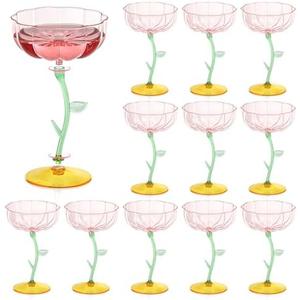 HKSZEH 12 Pcs Pink Plastic Ribbed Coupe Glasses Detachable 7oz Flower Cocktail Glasses Modern Wavy Plastic Cocktail Coupes Disposable Martini Glasses Mimosa Glassware champagne goblets (12, PInk)
