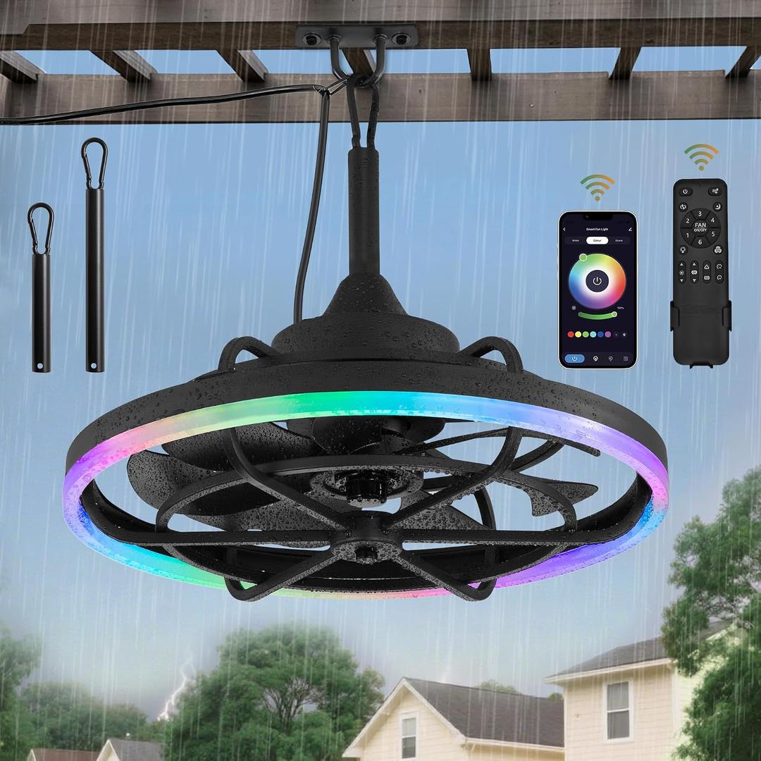 Fanbulous Outdoor RGB Ceiling Fans with Light for Patios, 20" Waterproof Plug in Ceiling Fan, Gazebo Fan Remote&APP Control, 3CCT Dimmable,Caged Ceiling Fan with Hanging Hook for Porch, Pergola