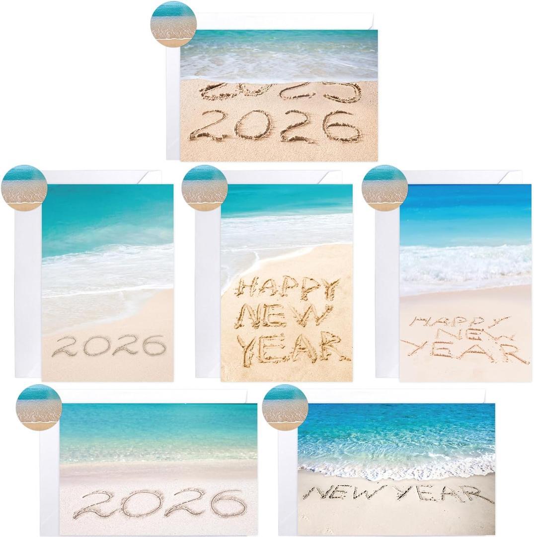 ceiba tree 24Pcs Happy New Year Greeting Cards Bulk Ocean Sand Beach 2026 Holiday Cards with Envelopes Stickers for Office Business School Classroom