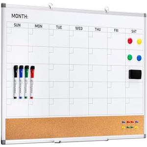 Comix Dry Erase Calendar Whiteboard Corkboard Combo, 36 * 24 inch Monthly Calendar and Bulletin Board Combination for Wall, Aluminum Frame Planner with Dry Erase Markers, Magnets, Push Pins