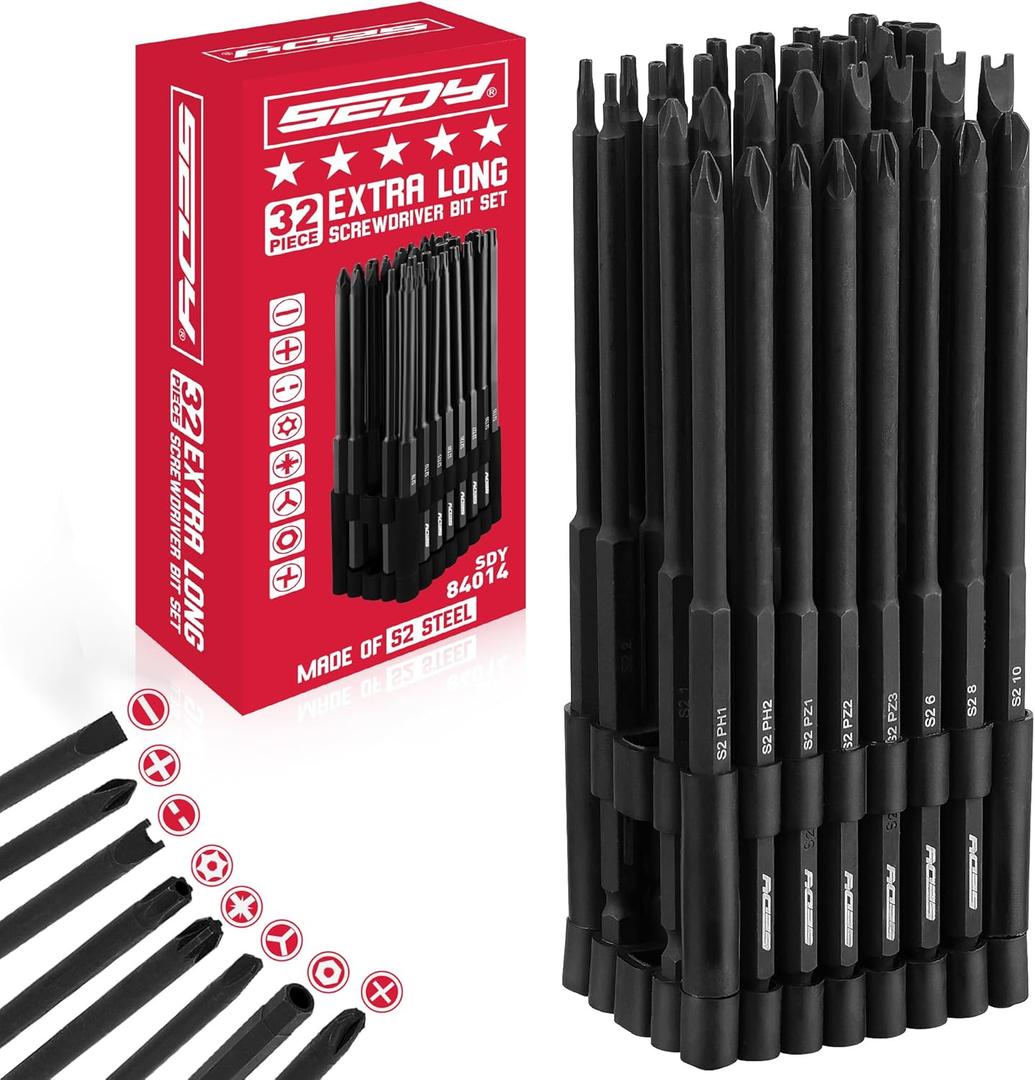 Extra Long Security Bit Set: 32-Piece S2 Steel Screwdriver Drill Bits for Tamper-Proof Screws, 6" Torx, PoziDriv, Spanner, Tri-Wing - Universal 1/4" Hex Shank for Electric, Impact Drills