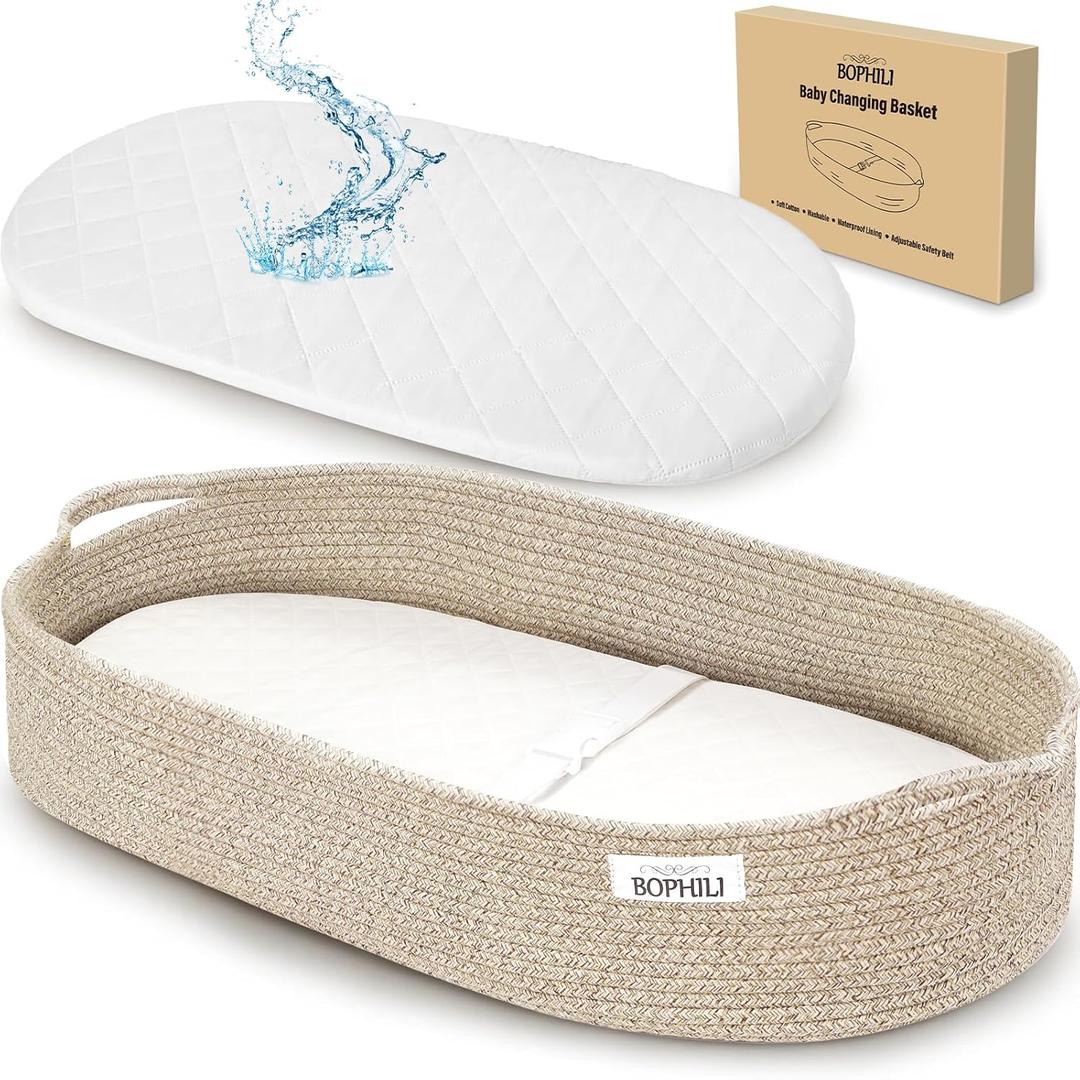 Baby Changing Basket w/Foldable Baby Changing Pad and Waterproof Cover, Premium Handmade Cotton Rope Reinforced Moses Baskets Changing Table Topper, Built-in Security Strap (Warm Brown)