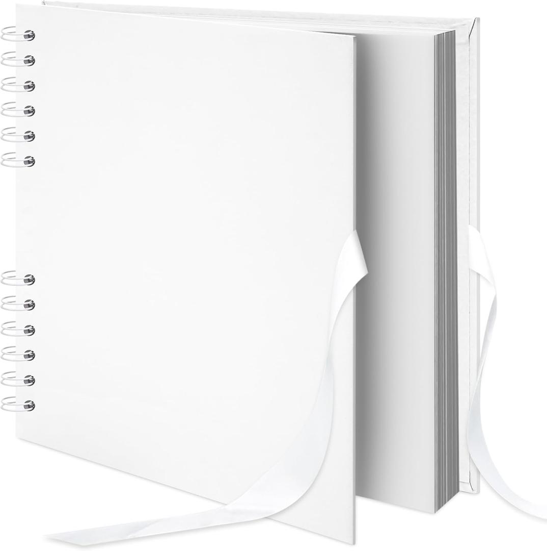 12x12 inch Scrapbook Photo Album DIY Picture Book 80 Pages, Thick Kraft Paper Scrap Book Album with Silk Ribbon Wedding Guest Book Memory Book for Baby, Family, Travel (White)
