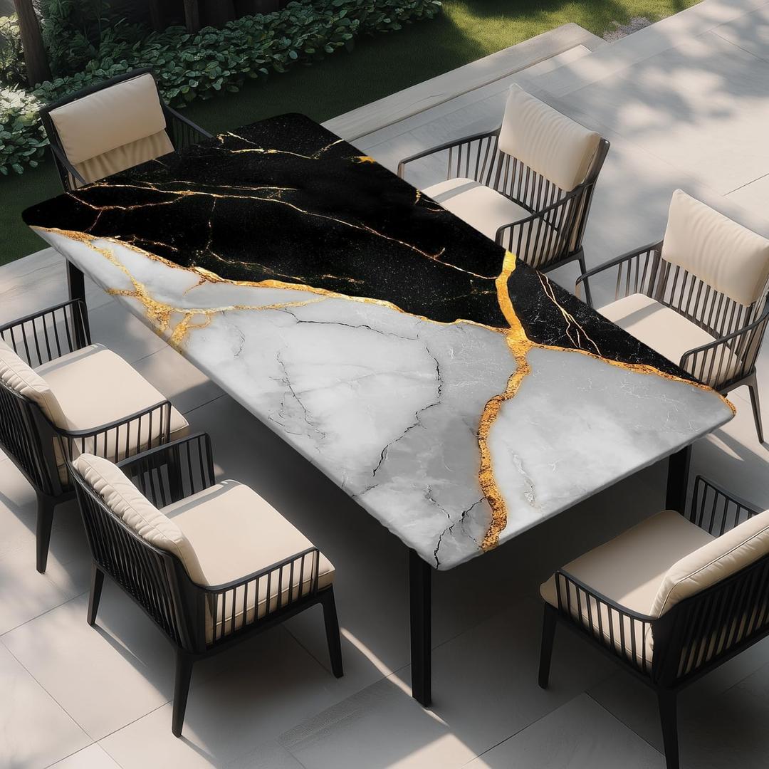 Yesad Rectangle Wipeable Tablecloth with Elastic, Fitted Waterproof Outdoor Tablecloth for 6 Foot Rectangle Tables, Picnic, Camping, 30"x48", White and Black Marble