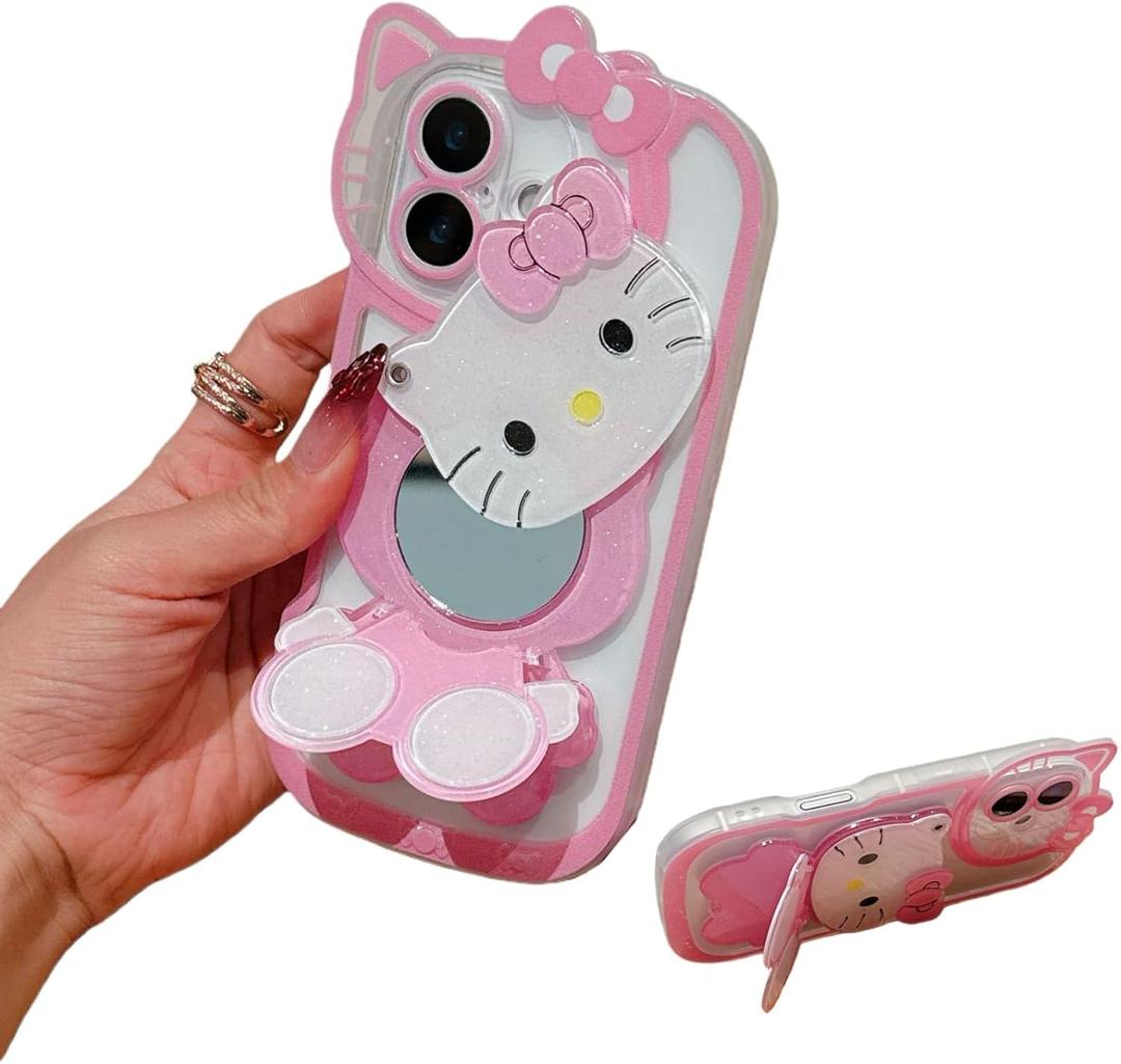 Anime Cat Case for iPhone 16,Phone Holder Stand with Makeup Mirror, Kawaii Phone Cases, Cool Unique Protective Cover for Women (Pink)