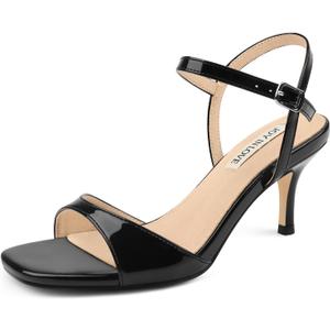 JOY IN LOVE Kitten Heels for Women Open Toe Ankle Strap Low Heel Sandals Party Wedding Dress Shoes Black Patent US7