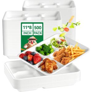 JOLLY CHEF Compostable Compartment Paper Plates * [ ] Heavy Duty White Divided Disposable Plate Eco-Friendly Biodegradable Food Trays for Party Lunch Dinner Christmas, 11*8in-500pack