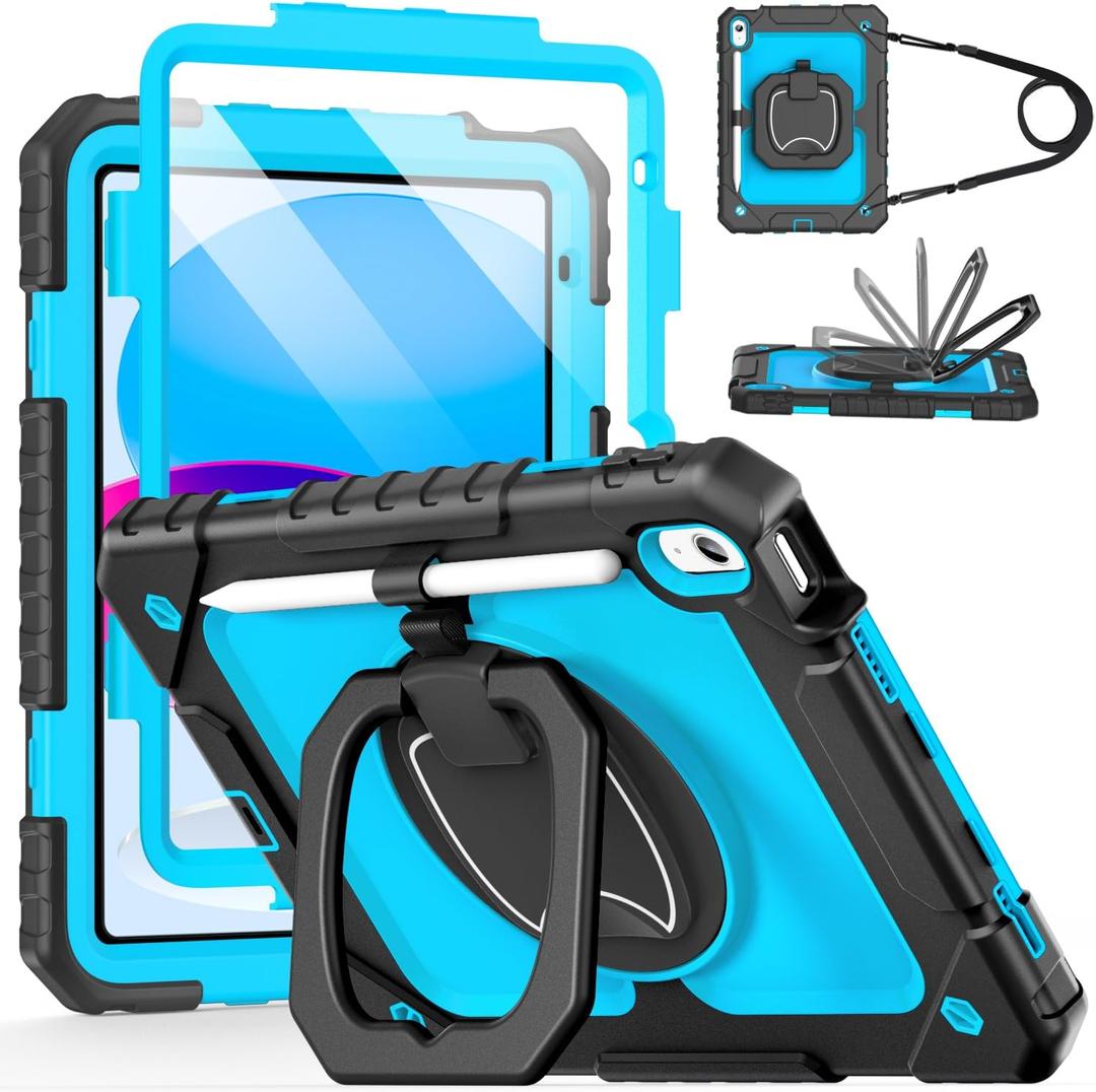 Cantis Case for iPad (A16) 11th/ 10th Generation 11/ 10.9 Inch 2025/ 2022, Shockproof Case for iPad 11 with Screen Protector/ Rotating Stand/ Adjustable Shoulder Strap/ Pen Holder, Black+Blue+Black