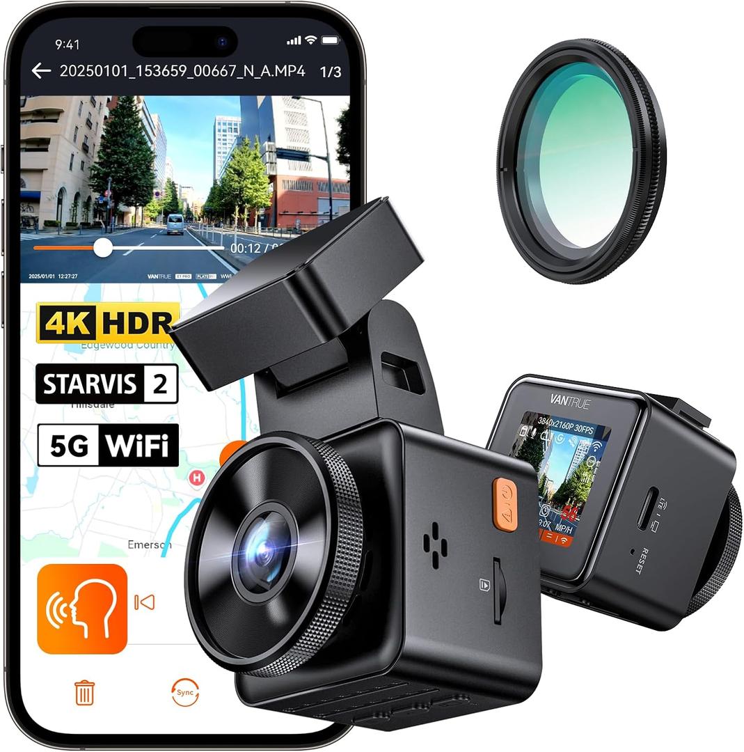 Vantrue E1 Pro 4K Mini Dash Cam Front, STARVIS 2 PlatePix HDR Night Vision Car Camera, Built-in 5G WiFi GPS, 1.54'' IPS Screen, Voice Control, Parking Mode, Support 1TB Max 