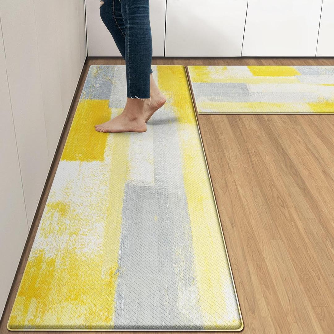 Arttown Gray Yellow Anti-Fatigue Kitchen Rug Set of 2 Office Contemporary Abstract Cushioned Floor Standing Mat Waterproof Non-Slip Kitchen Mat and PVC Ergonomic Comfort Foam Rug (17.3 x 47 inch + 17.3 x 29 in)