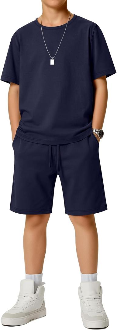 Boys' 2 Piece Outfits Set Summer Short Sleeve Crew Neck T shirts and Shorts Kids Casual Clothes 11-12Y