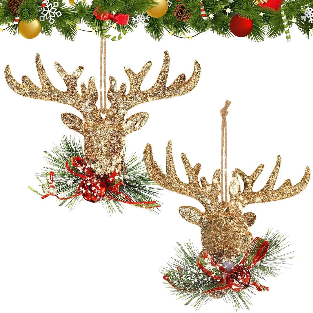Roowest 2 Pcs Christmas Reindeer Head Ornament Glitter Holiday Deer Decor with Red Bow Statue Artificial Champagne Gold Glittered Reindeer Head Ornaments Hanging Tree Decorations