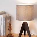 EDISHINE Boho Small Table Lamp, Walnut Color Wooden Tripod Bedside Lamp, Farmhouse Nightstand Lamp for Nursery, Bedroom, Office, Kid Room, Living Room, Grey Linen Lampshade, E26 Socket, 14.2 Inch