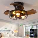21.6'' Retractable Ceiling Fans with Lights Caged Farmhouse Ceiling Fan Lights with Remote Control and APP, Rustic Industrial Ceiling lamp Black Fixture for Living Room Bedroom Kitchen, A