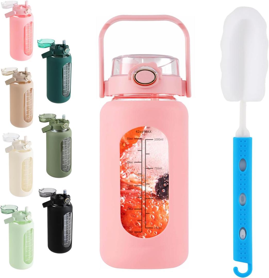 SIEROZUR 64oz Glass Water Bottle with Straw and Handle Lid Half Gallon Motivational Glass Bottle with Silicone Sleeve and Time Marker Large Reusable Sports Water Jug for Gym Home Workout (42 Ounces, Pink)