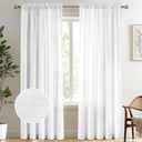 Melodieux White Semi Sheer Curtains 96 Inches Long for Living Room, Bedroom Faux Linen Texture Farmhouse Rod Pocket Shiny Sheer Curtains Drapes Light Filtering, 52" W x 96" L, 2 Panels