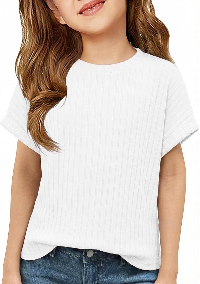 ZDC Girls Short Sleeve T Shirts Kids Summer Textured Tops Crewneck Casual Tee 5-14 Years (White)