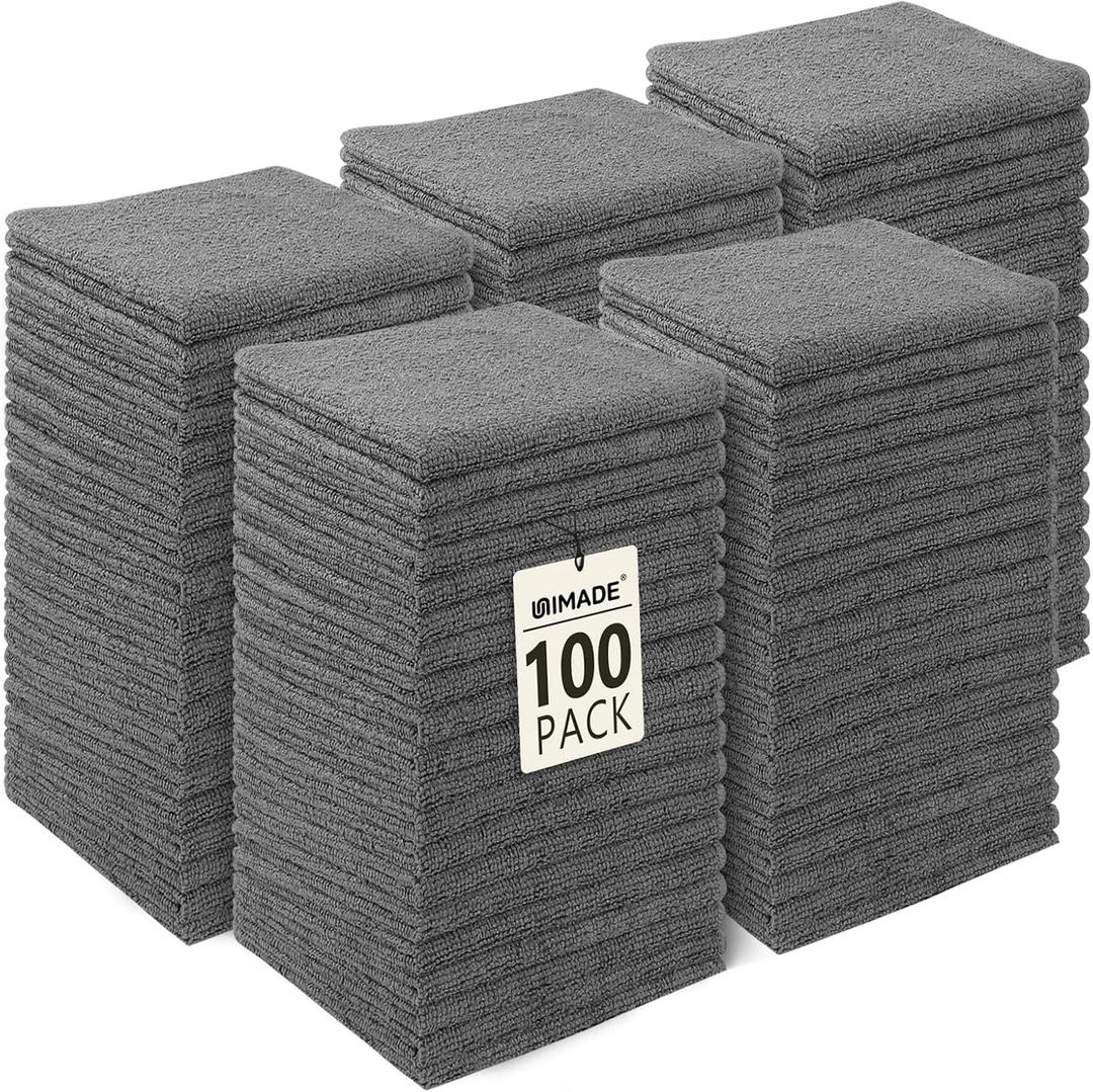 UNIMADE Washcloths Bulk - 100 Pack - Face Towels (12" x 12"), Highly Soft Wash Cloths and Hand Towels, Fast Drying Multi-Purpose Microfiber Cleansing Cloths for Bathroom, Hotel, Spa, and Salon - Grey