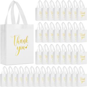 50 Pcs Thank You Gift Bags with Handles Bulk Thank You Non Woven Bags Reusable Gift Handbags Bridesmaid Souvenir Goodie Handbags for Wedding Shopping(10 x 8 x 4 Inch,White)