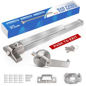 Commercial Door Push Panic Bar, SS304 Panic Bars with Exterior Lever Handle, 31 Exit Device with 3 Keys for Emergency Exit, Suitable for Metal, Wood, and Left/Right Handed Doors (Silver with Lock)