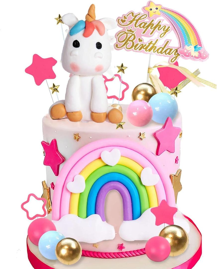 Unicorn Cake Topper, Cake Decorations with Rainbow Stars Balls Happy Birthday Cake Decorations for Boys Girls Kids Birthday Party Baby Shower Supplies