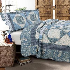 Home Fashions 100% Cotton Real Patchwork Floral Vintage Cottage Reversible Quilt Bedding Set Coverlet Bedspread (Blue Roses, Queen-3 Piece)