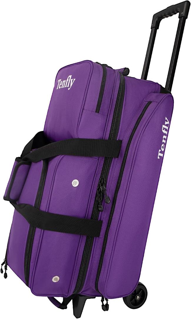 3 Bowling Ball Bags With Wheels - Roller Bowling Bag for 3 Balls & Accessories - Retractable Handle Extends to 38" (Purple)