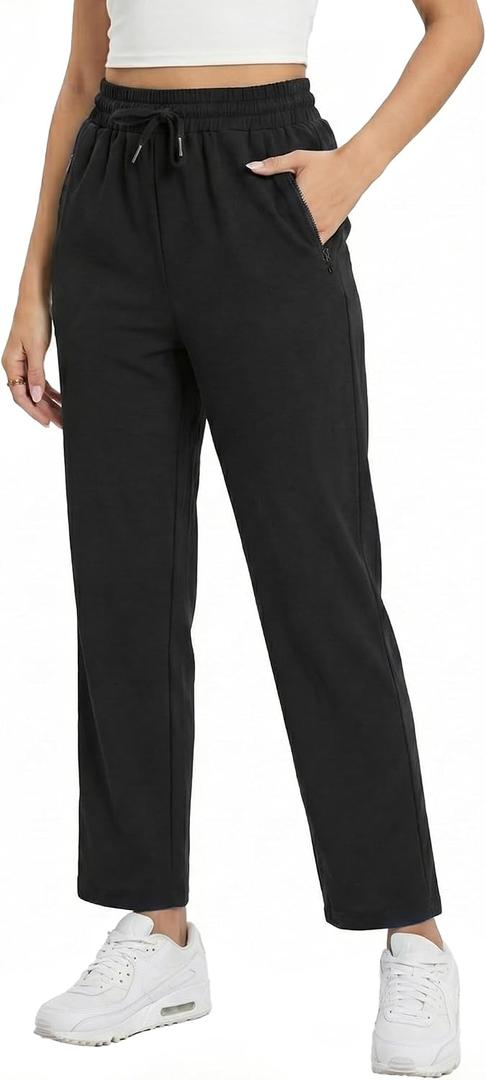 Women's Joggers Pants with Zipper Pockets, Lightweight Elastic Waist Sweatpants Straight Leg Workout Sports Pants (Black)